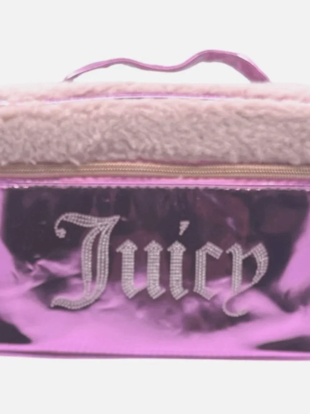 Juicy Couture Pink Metallic and Sherpa Rhinestone Train Cosmetics Case